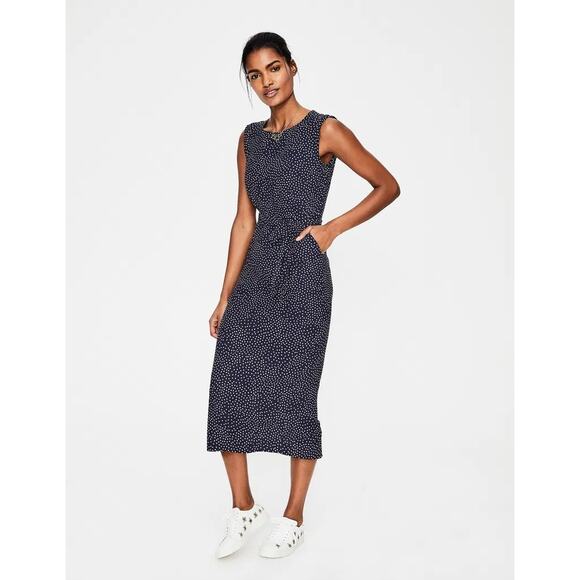 Boden Camille Polka Dot Midi Dress Navy Blue Tie Waist Slit Back Zip Sz 12 - Picture 1 of 14